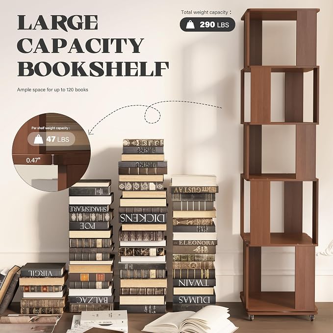 5 Tier Solid Wood Rotating Bookshelf Tower on Wheels, 360° Upgrade Spinning - Image 7