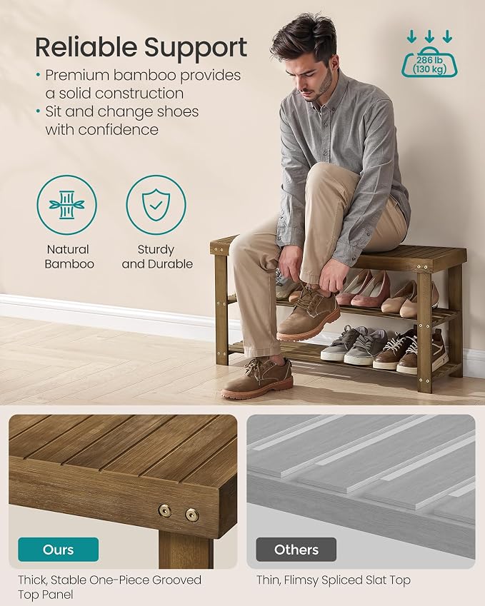 SONGMICS Shoe Rack Bench, 3-Tier Bamboo Shoe Storage Organizer, Entryway Bench - Image 5