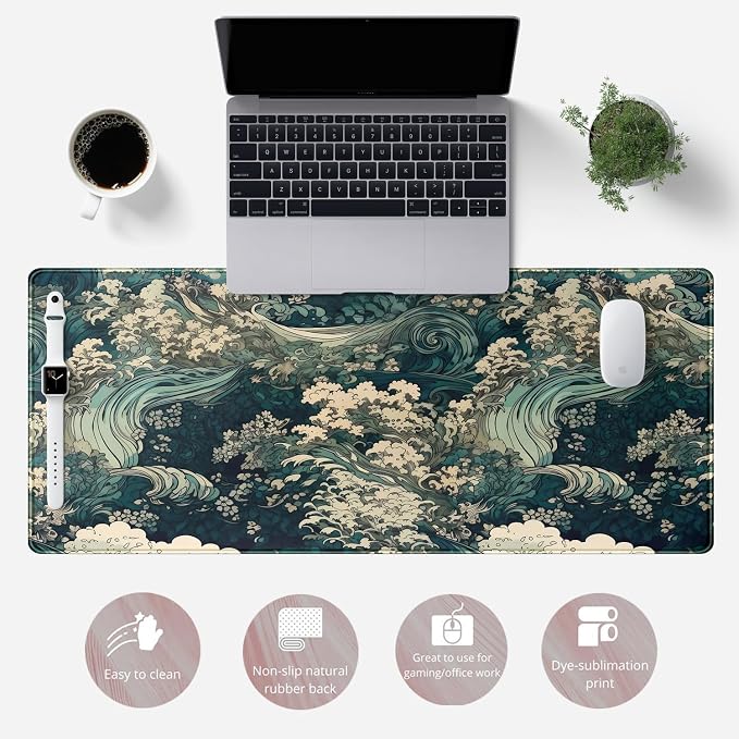 Japanese Large Mouse Pad Gaming Sea Wave Desk Pad Blue Sea Flower Art - Image 2