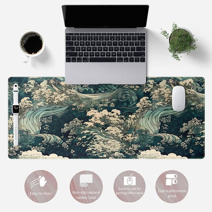 Japanese Large Mouse Pad Gaming Sea Wave Desk Pad Blue Sea Flower Art - Image 2