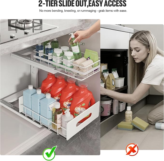Under Sink Organizer Upgrade To Professional Rails, 2-Tier Dual Pull Out - Image 4