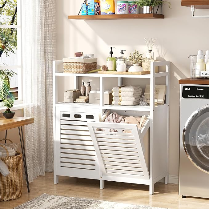 Homykic Tilt Out Laundry Hamper Cabinet, Bamboo Double Laundry Hamper - Image 3