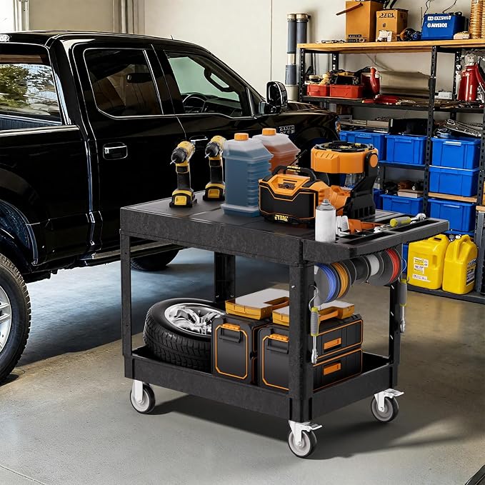2 Tier Plastic Rolling Utility Cart on Wheels, Heavy Duty Tool Cart - Image 7