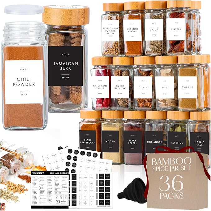 Glass Spice Jars with Label with Bamboo Lids Minimalist 36 Pack Set, 4oz Clear by Finessy