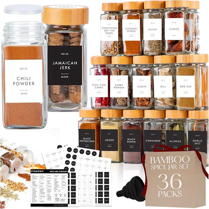 Glass Spice Jars with Label with Bamboo Lids Minimalist 36 Pack Set, 4oz Clear by Finessy
