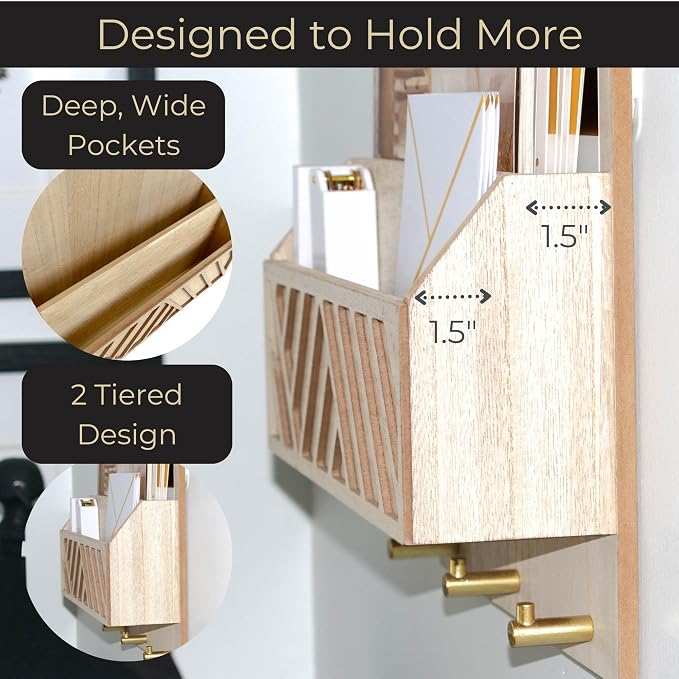 BLU MONACO Wall-Mounted Mail and Key Holder – Natural Wood 2-Tier Letter - Image 3