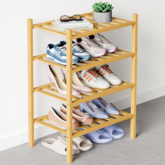 Smiry Bamboo Shoe Rack for Closet, 4 Tier Small Wooden Stackable Shoe Organizer by Smiry