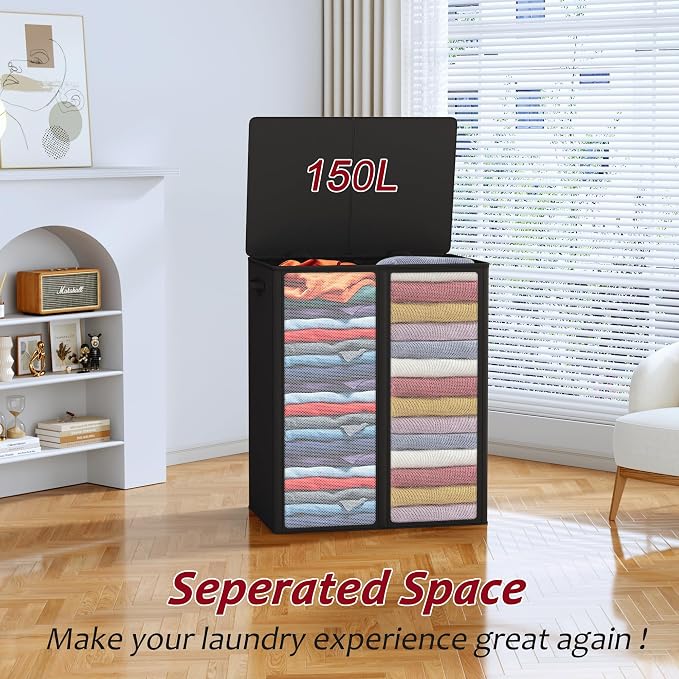 150L Laundry Hamper 2 Section, Large Laundry Hamper - Image 4