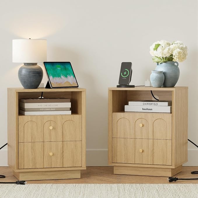 Nightstand Set of 2 with Charging Station, Mid Century Modern Nightstand with by FORTUNETEC