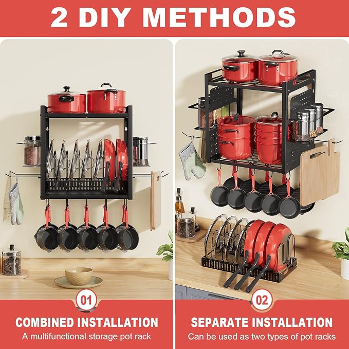 16 Inch Pot Rack Wall Mounted, 2-Tier Pots and Pans Organizer - Image 3