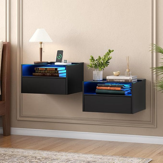 Loomie Black Floating Nightstands Set of 2, 18.9” Bedside Table w/Charging by LOOMIEDirect
