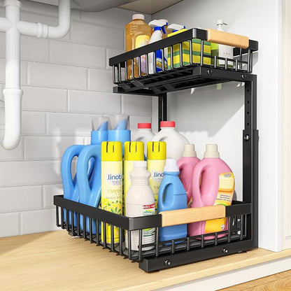 PXRACK Under Sink Organizer, Adjustable Height, 2 Tier Pull Out Under Cabinet by PXRACK