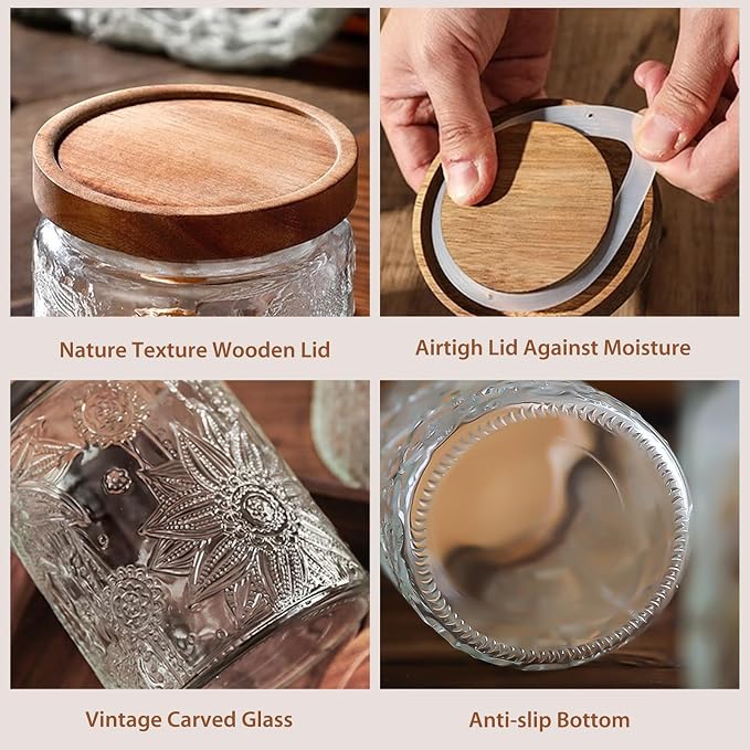 24 OZ Glass Storage Jar with Airtight Bamboo Wooden Lids, Vintage Food - Image 4