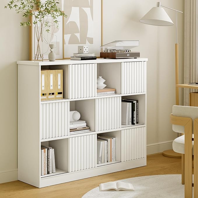 iPormis 12 Cube Bookcase with 6 Fluted Sliding Doors, 3 Tier Wooden Bookshelf - Image 4