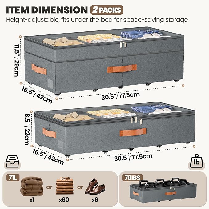 Under Bed Storage with Wheels, Adjustable Underbed Drawer with Lids, Underbed - Image 2