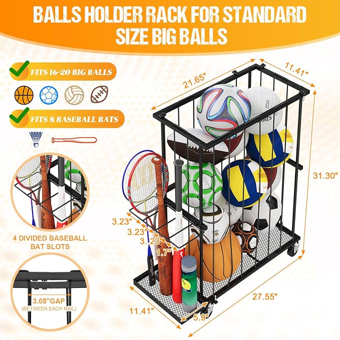 Garage Ball Storage With Baseball & Badminton Holder: Floor Sports Equipment - Image 4