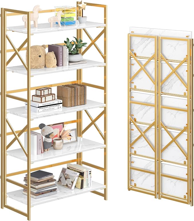 4NM 5 Tiers No Assembly Book Shelves, 51.2" H Folding Bookshelf Bookcase Open by 4NM