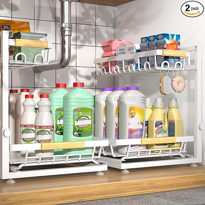 Sevenblue 2 Packs Under Sink Organizer, Height Adjustable 2 Tier Under Kitchen by Sevenblue