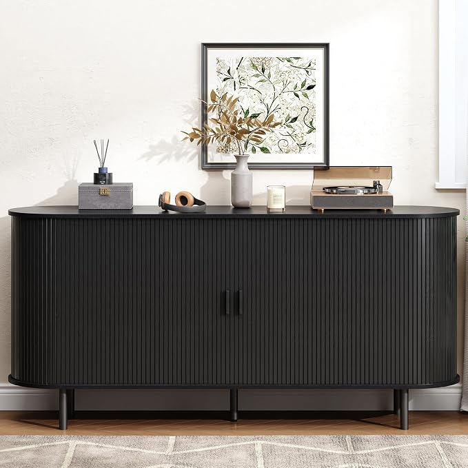 Buffet Cabinet with Storage, Fluted Sideboard Buffet with Sliding Door - Image 9