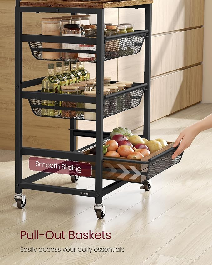 VASAGLE Storage Cart with Pull-Out Baskets, 4-Tier Kitchen Cart with Wheels - Image 3