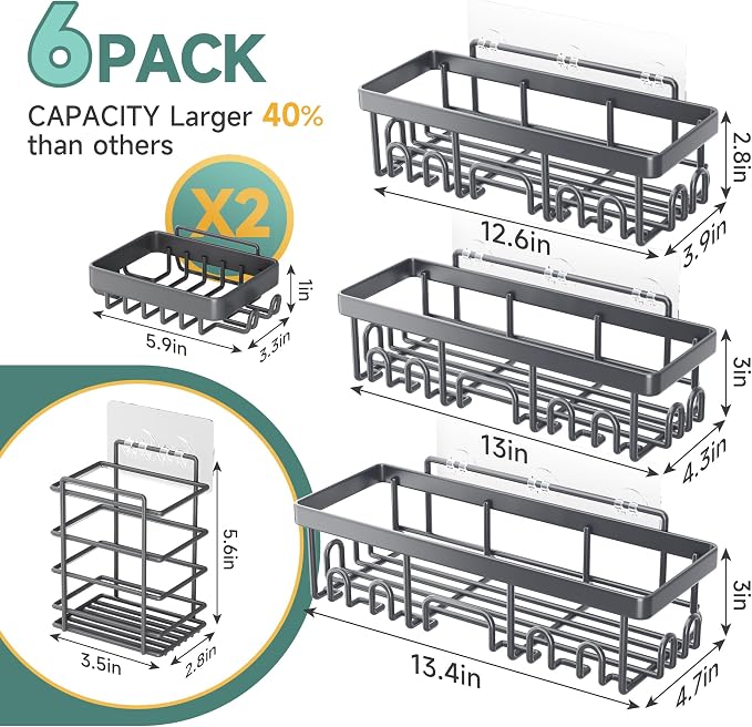 Veken Rustproof & Waterproof Shower Caddy 6-Pack, No Drilling Adhesive Shelves - Image 7