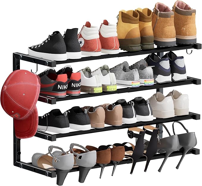 Wall Mounted Shoe Rack, 4 Tier Hanging Shoe Rack Holds 16 Pairs, Space Saving by HomeOrganizerandStorage