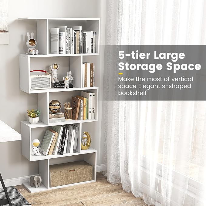 5-Tier Geometric Bookcase, 62.5” Freestanding Room Divider Bookshelf - Image 6