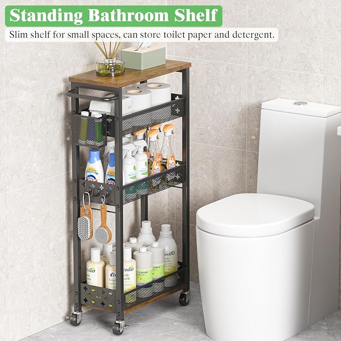 4 Tier Slim Rolling Storage Cart, Laundry Room Cart on Wheels, Small Metal - Image 6