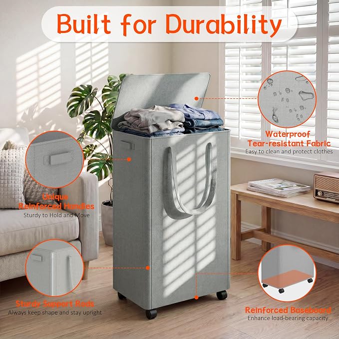 Slim Laundry Hamper with Wheels, 20 Gal Rolling Laundry Basket with lid and - Image 3
