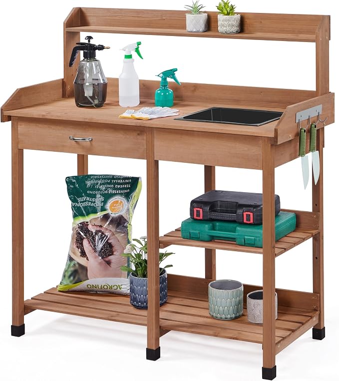 Yaheetech Potting Bench Outdoor Garden Work Bench Station Planting Solid Wood by Unknown