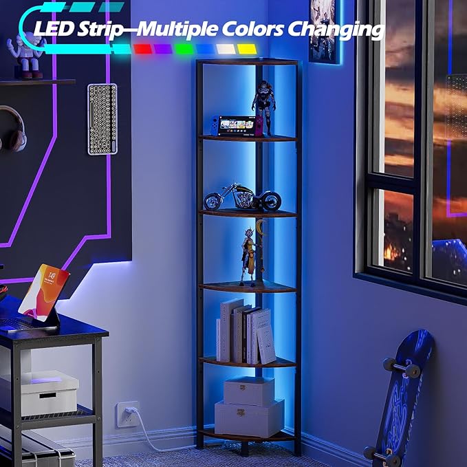 6 Tier Corner Shelf with LED Light, 67.5" Corner Narrow Bookshelf | Tall - Image 3