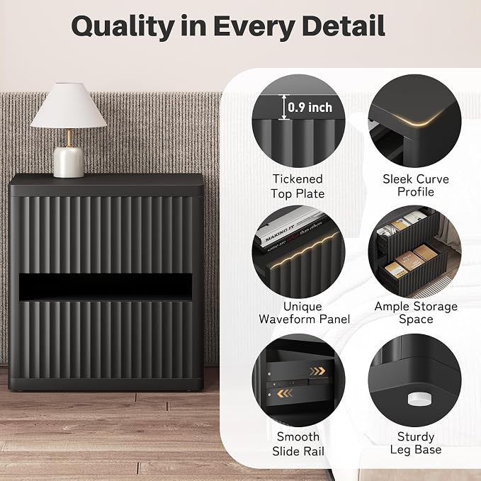Dripex Fluted Nightstand with 2 Drawers, Large Wide Wood Night Stand Bedside - Image 4