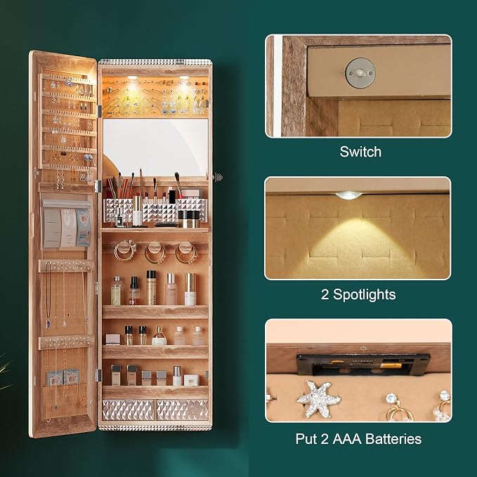 HNEBC LED Mirror Jewelry Cabinet, 47.2" Wall Mounted Jewelry Organizer - Image 9