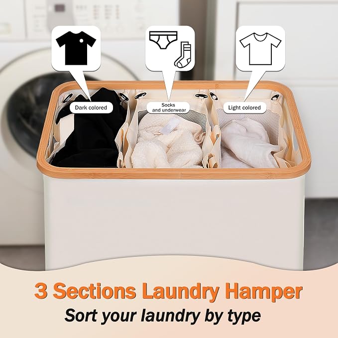 efluky Laundry Hamper with Lid, Trio Laundry Hamper with 3 Removable Bags - Image 4