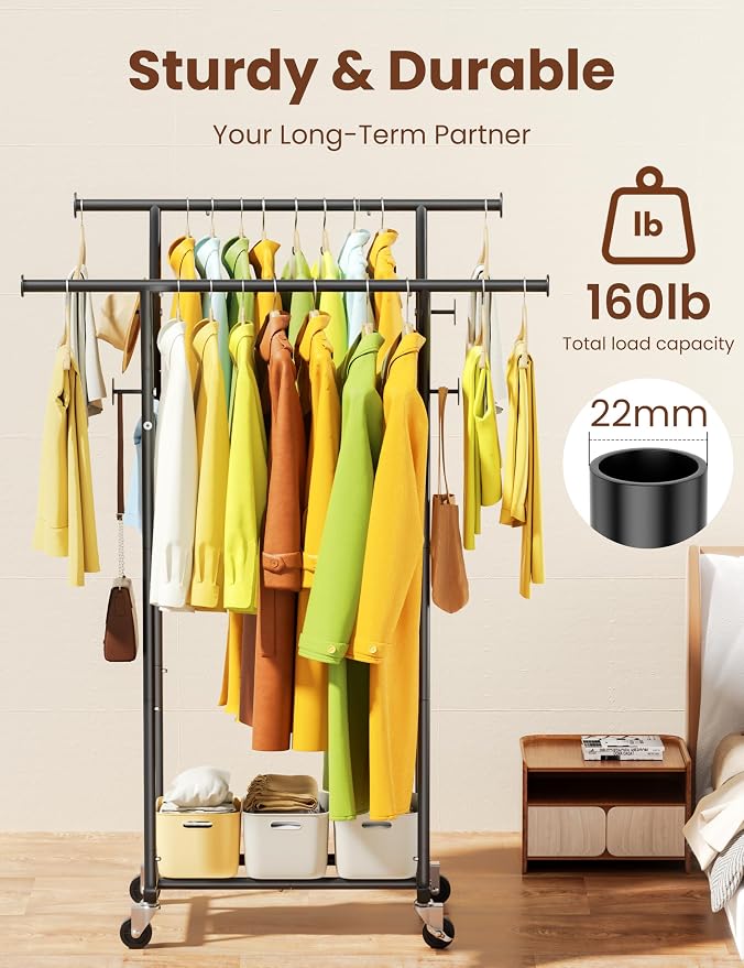 Double Rods Clothes Rack, Rolling Clothing Rack - Image 8