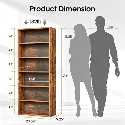 HealSmart 6 Tier Bookcase, Industrial 6 Book Shelf, 9.2" D x 23.8" W x 63" H - Image 3