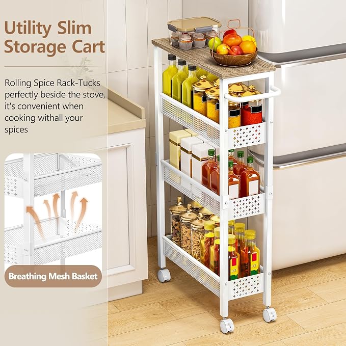 Utility Slim Rolling Storage Cart, 4-Tier Narrow Metal Organizer - Image 2