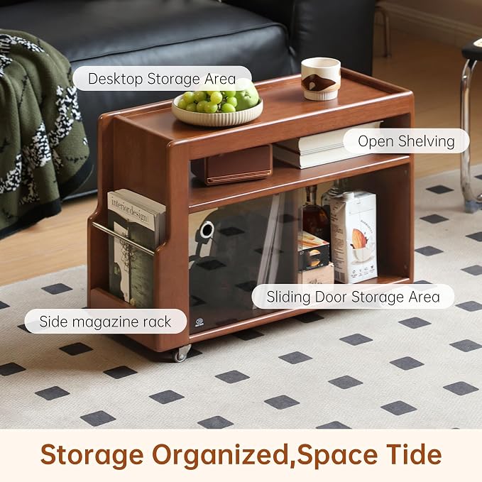 Side Table with Storage, Solid Wood Rolling End Table - Image 4