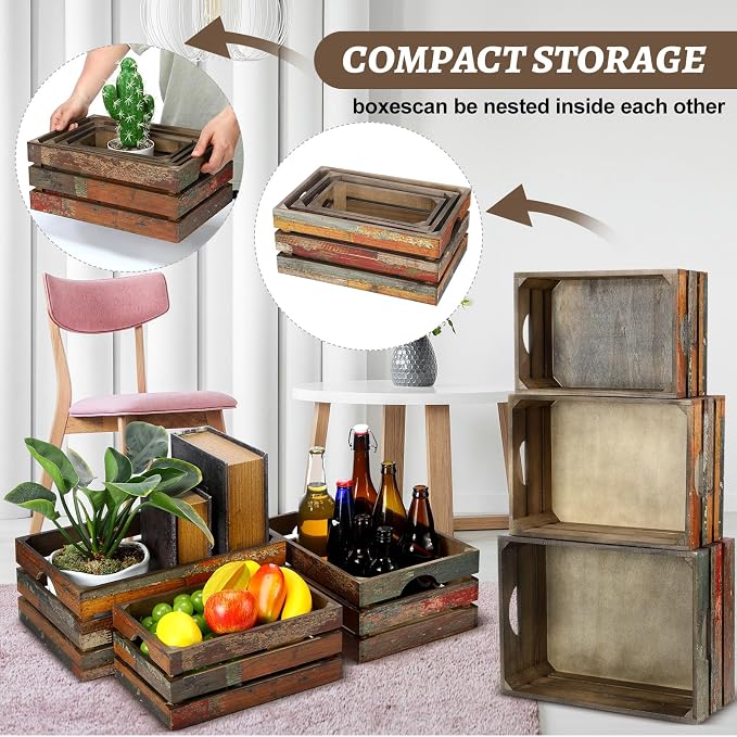Barydat Set of 5 Wood Crates for Display Decorative Nesting Wooden Crate Storage - Image 4