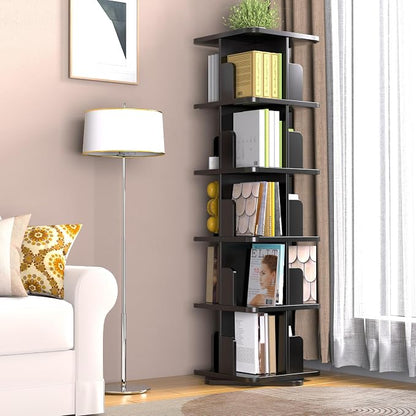 MHOM Black Rotating Bookshelf, 360 Display 5 Tier Rotating Bookshelf Tower - Image 5