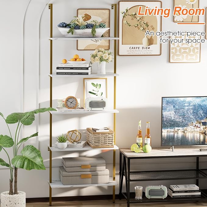5 Tiers Ladder Shelf White Marble Modern Bookshelf Open Tall Wall Mount - Image 7