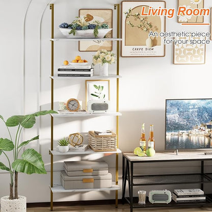 5 Tiers Ladder Shelf White Marble Modern Bookshelf Open Tall Wall Mount - Image 7