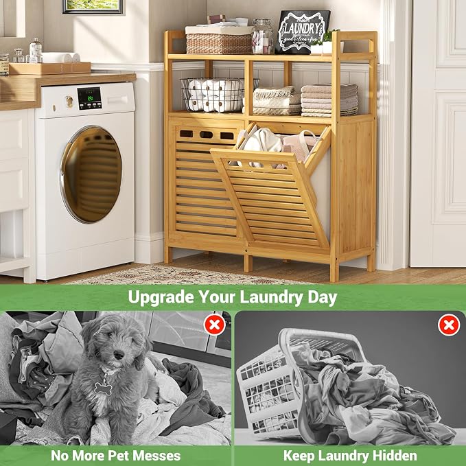 Homykic Tilt Out Laundry Hamper Cabinet, Bamboo Double Laundry Hamper - Image 5