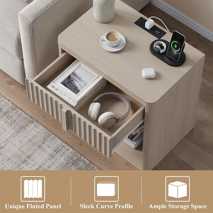 Fluted Nightstand with Charging Station, 23.6" End Table with Solid Wood Handle - Image 5