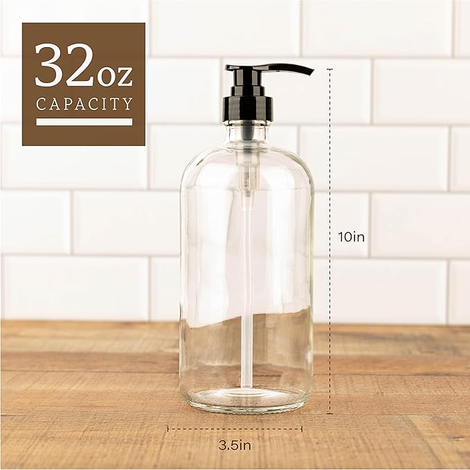 32-Ounce Pump Bottles, Large Clear Glass Boston Round Bottles w/Black Pumps. - Image 2