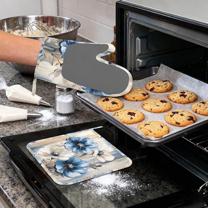 Flower Heat-Resistant Silicone Oven Mitts and Pot Holders, Flower on Marble Art - Image 4
