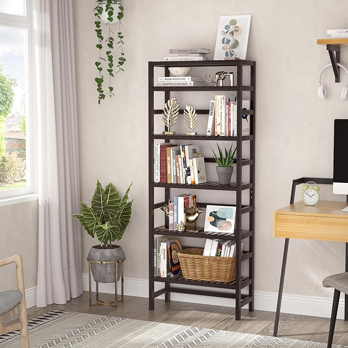 Homykic 6-Tier Bamboo Bookshelves and Bookcases, Adjustable 63.4”Tall Shallow - Image 7