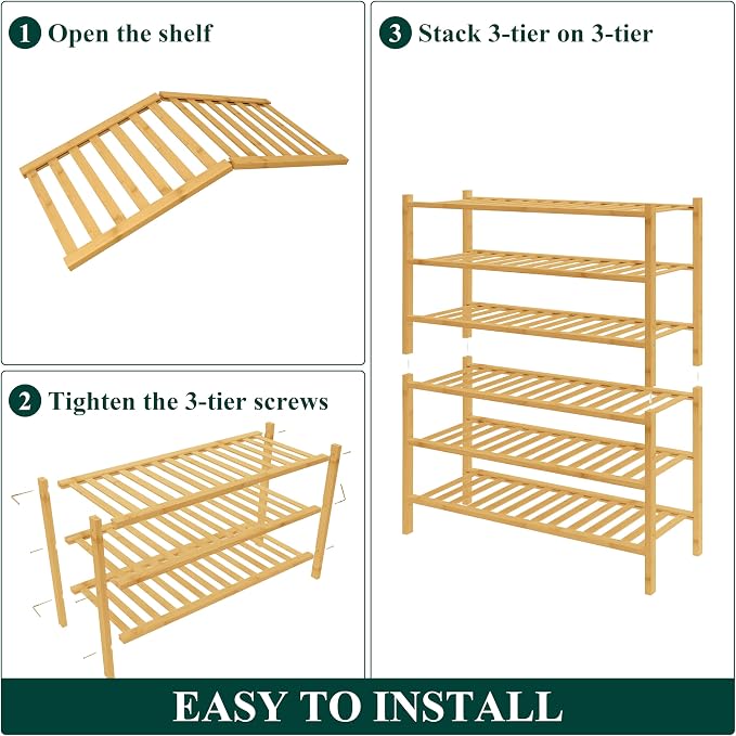 Smiry Bamboo Shoe Rack for Closet, 6 Tier Wooden Stackable Shoe Organizer - Image 6