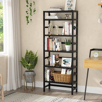 Homykic 6-Tier Bamboo Bookshelves and Bookcases, Adjustable 63.4”Tall Shallow - Image 2