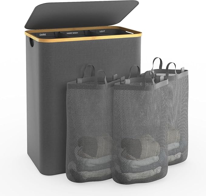 Laundry Hamper with Lid, 145L Extra Large Hamper 3 Section Dirty Clothes Hampers by Bathola